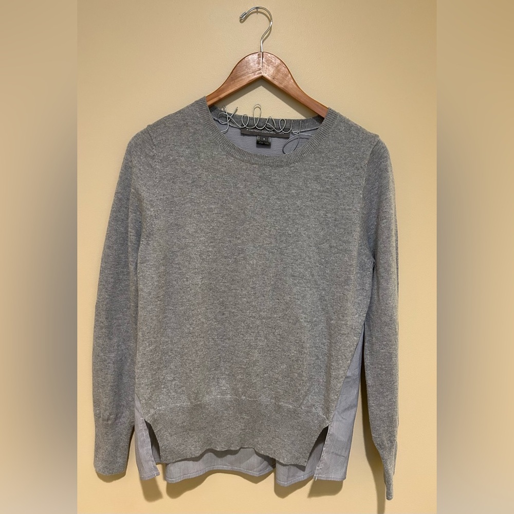 French Connection Gray Crewneck Sweater & Striped Shirt Size S